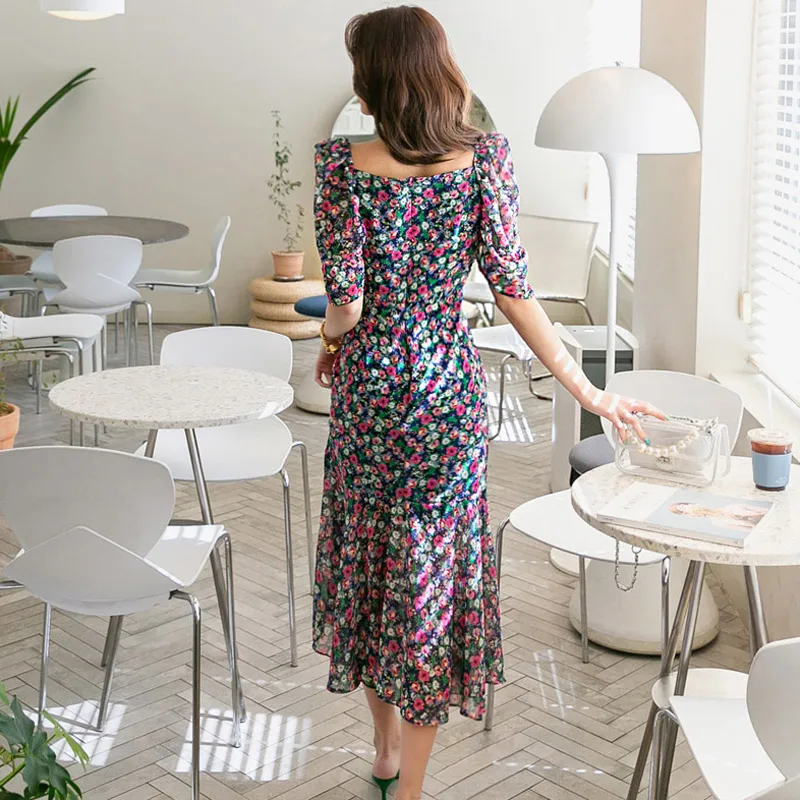 Summer Elegant Floral Print Women Mermaid Dress Slash-neck Half-sleeve Slim Waist Female Chiffon Midi Vestidos femme 2019 | Женская