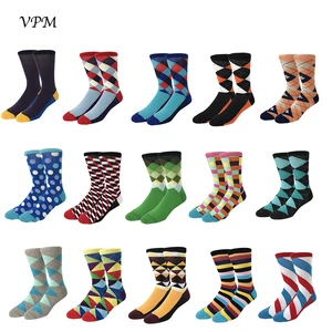 Носки VPM мужские из чесаного хлопка, деловые цветные полосатые клетчатые с бриллиантами в стиле Харадзюку, для свадьбы, рождественский подарок