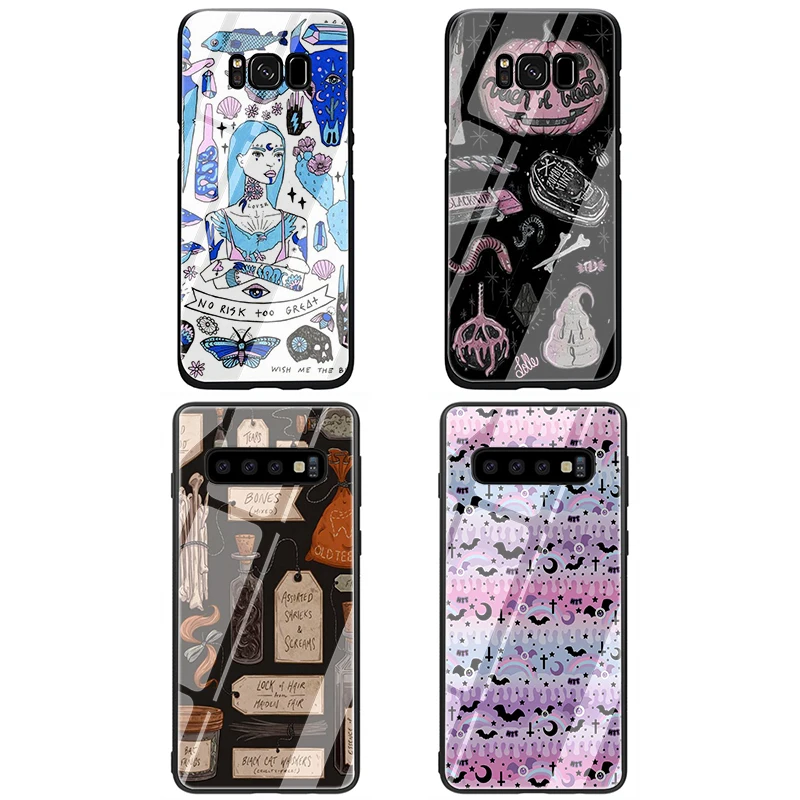 Girly пастельных ведьмы закаленное Стекло мягкий чехол для телефона для samsung Galaxy S7 край S8 S9 S10 Note 8, 9, 10, плюс A10 20 30 40 50 60 70