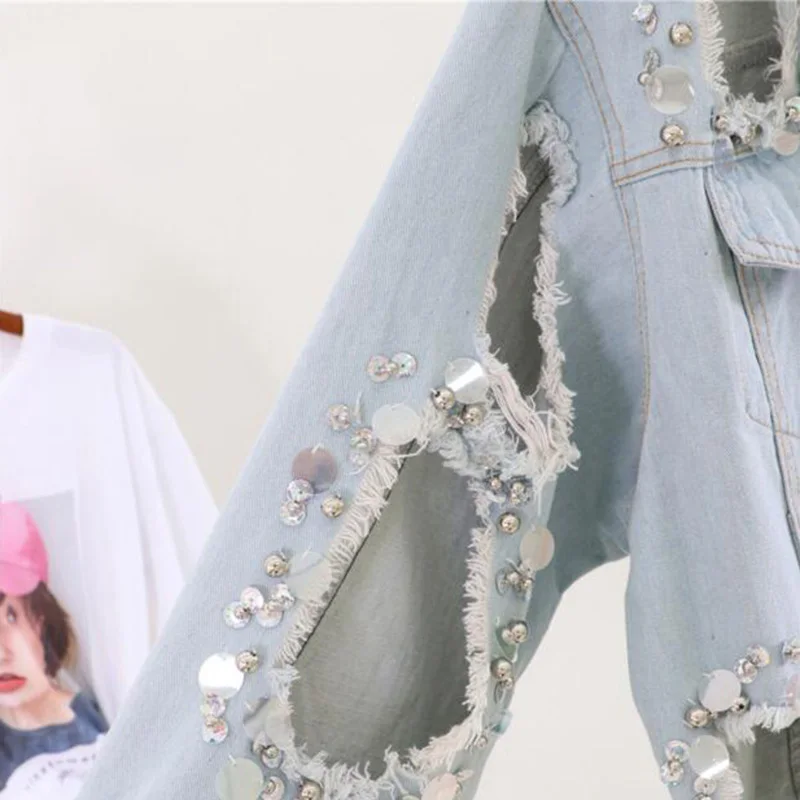 

Autumn Sequins Coat High Quality Jean Jacket Female Coat Denim jacket for women Beading Demin Jacket For Women Holes Loosen
