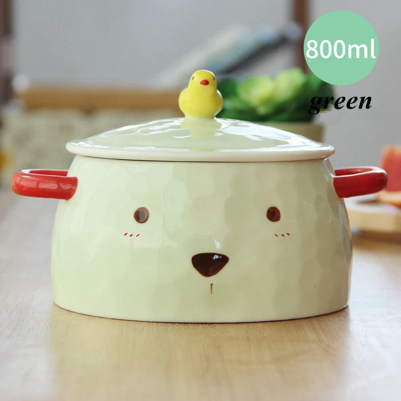 light green Керамическая миска, контейнер для еды, посуда с мультяшным медведем, большие миски для супа, лапши с крышкой, рукоятка, домашняя сервировочная миска, кухонные принадлежности - Цвет: light green