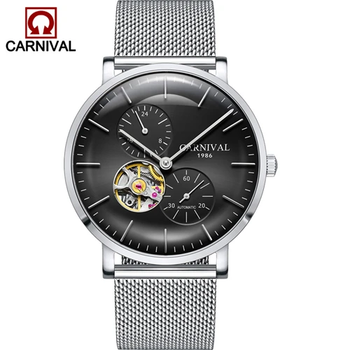 Black silver C8024 Карнавальные ультратонкие турбийон Авто механические часы для мужчин люксовый бренд полностью стальные водонепроницаемые мужские часы relogio kol saati - Цвет: Black silver C8024