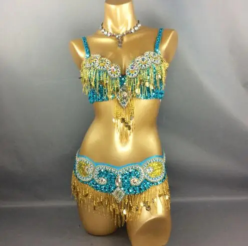 Женский костюм для танца живота ручной работы с бисером и поясом 2 шт./компл.