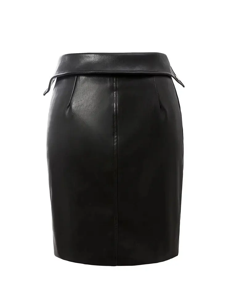 T2173 Handsome European Wind Skirt Early Spring Suit-dress Metal Dora Chain Low-waisted Package Buttocks PU Skin Half-body | Женская