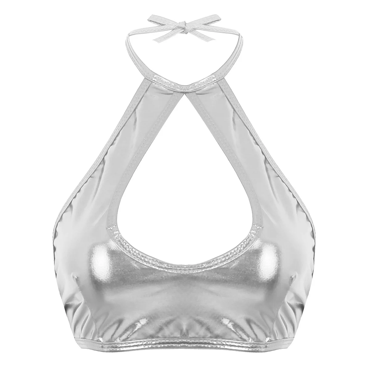 Silver Yizyuf, женские топы, блестящие сексуальные топы, металлические, искусственная кожа, без рукавов, на шее, с вырезами, на бретелях, топы, жилет, мода - Цвет: Silver