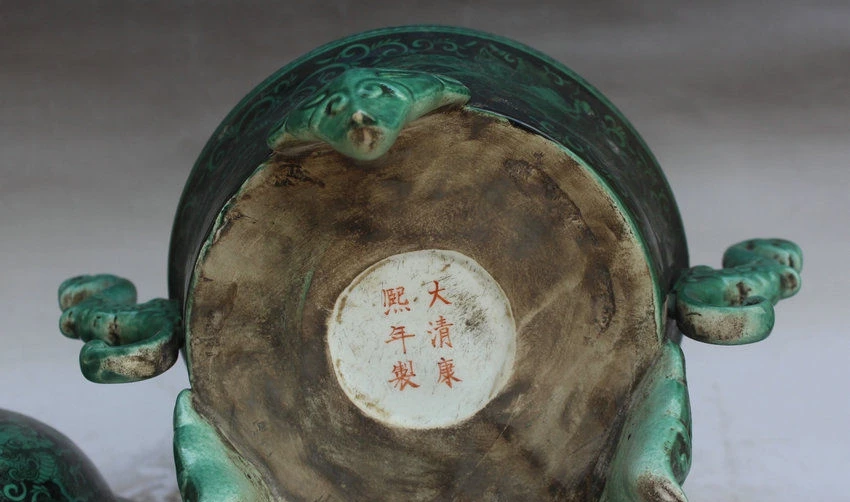 Китайский зеленый фарфор 3 ноги голова зверя Дракон ручка ладана горелки