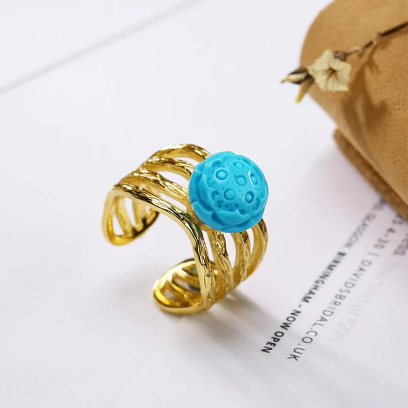 Инкрустация природным камнем Бирюзовый Лотос простое регулируемое кольцо 100%