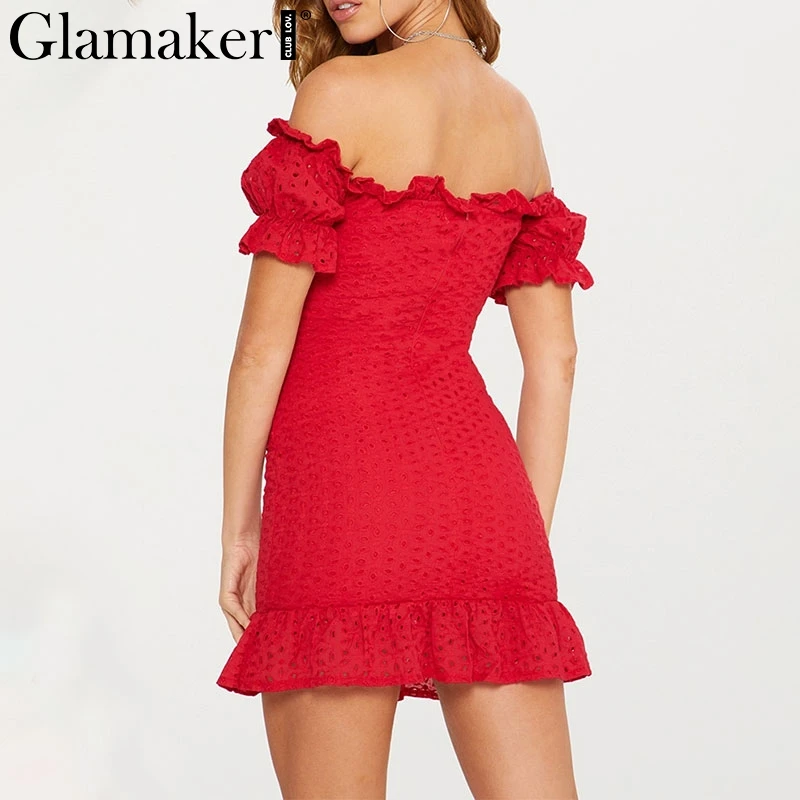 Женское облегающее мини платье Glamaker красное Клубное в горошек с оборками и