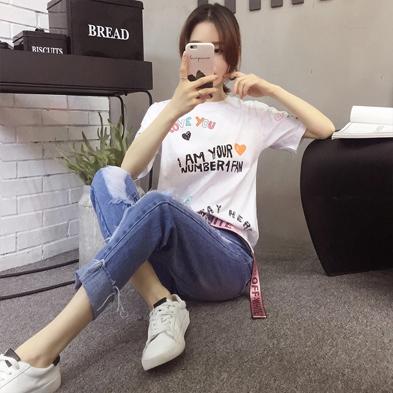 NAFMI Slogan Print Tee 2018 лето мультфильм письмо опрятный Топы Для женщин Белый шею