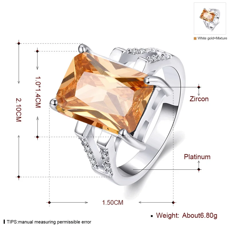 Elegant Silver Color Ring Champagne Cubic Zirconia Fashion jewellry Wedding ring size 7 8 R2141 | Украшения и аксессуары