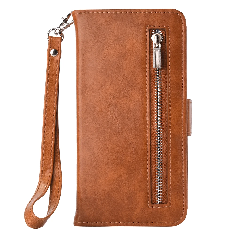 Light Brown Кожаный чехол-кошелек на молнии для iPhone 11 11 Pro Max, магнитный чехол-книжка для iPhone Xs Max XR X 8 7 6 6S Plus, чехол с ремешком - Цвет: Light Brown