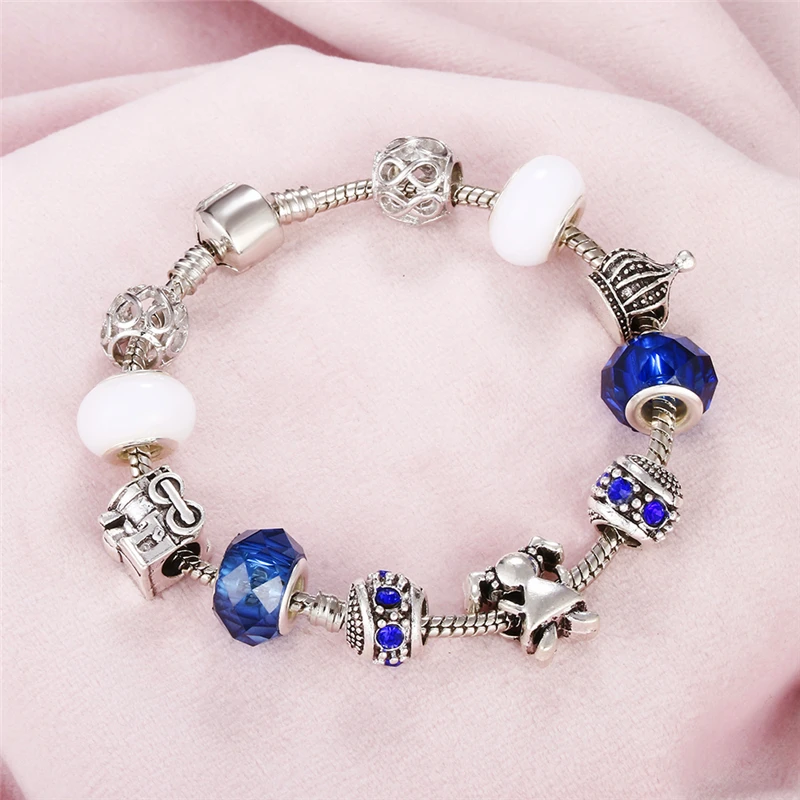 Hot Sale Blue Glass Crystal Beads Charms Bracelet &amp Bangle Heart Lock Key Tortoise Pendant Bracelets For Women Diy Jewelry Gifts |