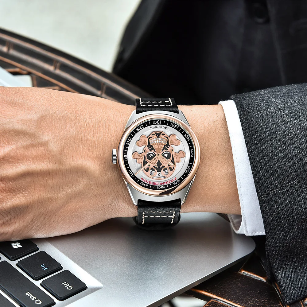 PAGANI DESIGN Brand Men's Classic 3D Skull Punk Style Mechanical Watches Waterproof 30M Genuine Leather Luxury Automatic Watch | Наручные