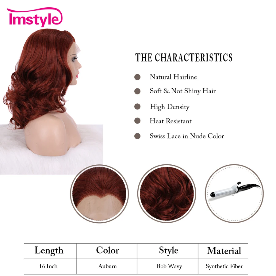 Imstyle Dark Red Wavy Wig For Women Synthetic Lace Front Wig Short Bob Wig Heat Resistant Fiber Natural Lace Cosplay Wigs