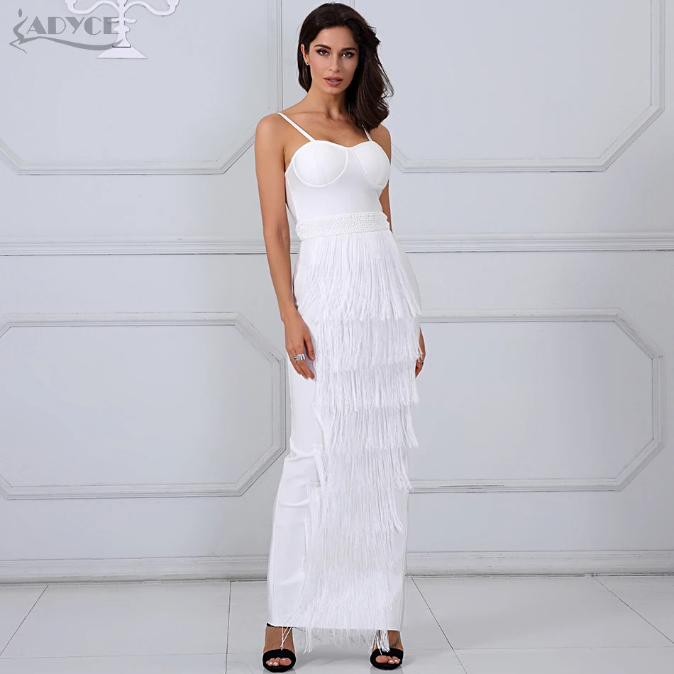 Женское Бандажное платье Adyce Белое Платье макси с кисточками расшитое блестками