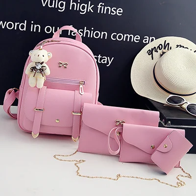 Pink Модный рюкзак с медведем, женская сумка с большим бантом, школьные сумки для девочек, 4 шт., женский рюкзак высокого качества, кожаный рюкзак, сумки через плечо - Цвет: Pink