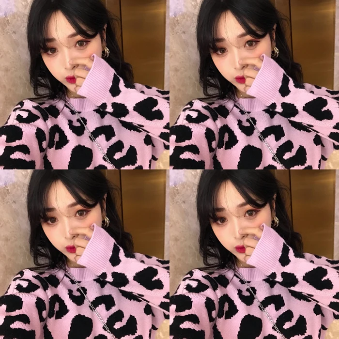 Корейский Повседневное Ретро Leopard свободные свитера Для женщин джемпер Kawaii