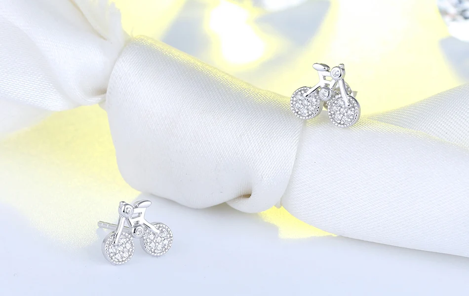 Effie queen 925 стерлингового серебра шпильки женские украшения, серьги милый велосипед мультфильм узор с цирконом серьги подарок BE115