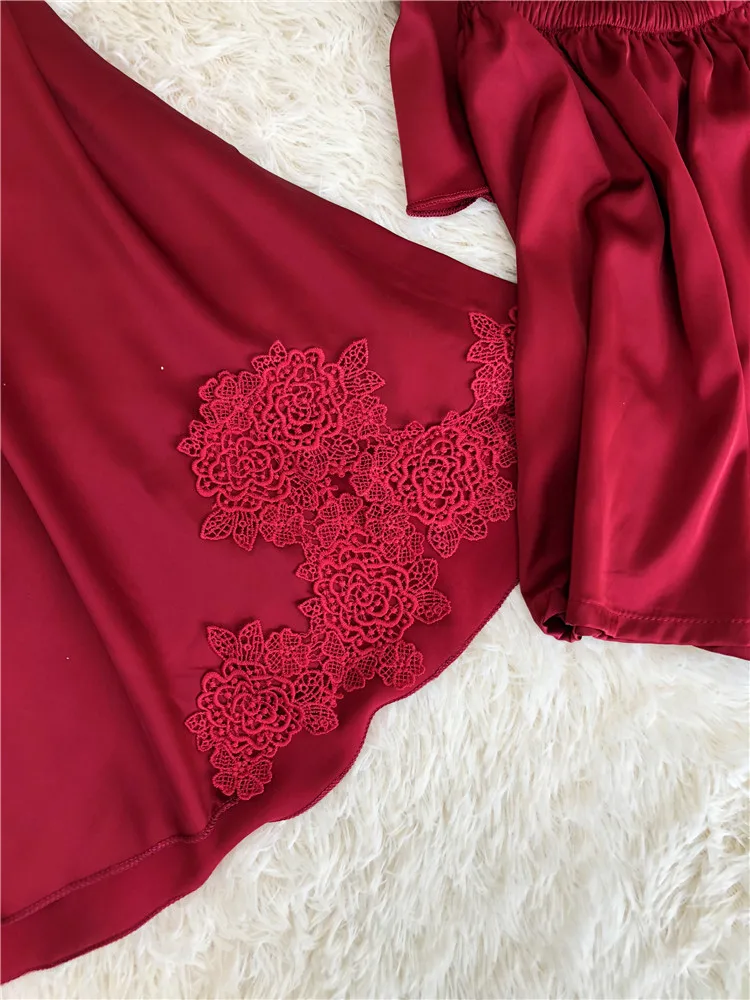 

Fdfklak Women Summer Pijama Sets Faux Silk Sleepwear 4 Piece Pajamas For Women Wine Red/Black Pyjama Suit Home Clothes Q1144