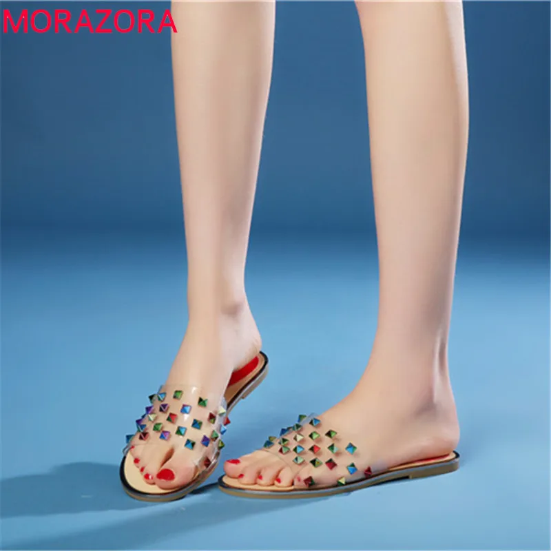 MORAZORA/Новинка 2019 года модные стильные шлепанцы для улицы Летняя обувь из ПВХ