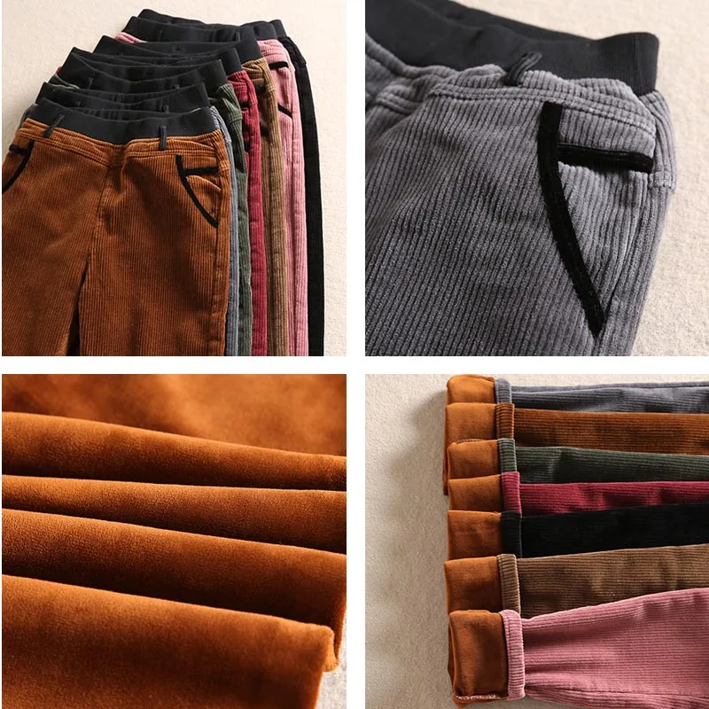 

Winter Warm Thicking Corduroy Pants Womens Elastic Waist Women's Pants With Pockets Slim Velveteen Trousers Women Velvet Black
