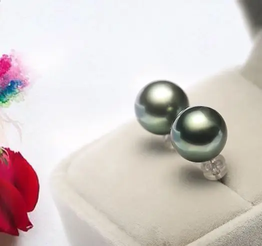 free shipping stunning AAA++ 10-11mm Tahitian black green round pearl earring 14k | Украшения и аксессуары
