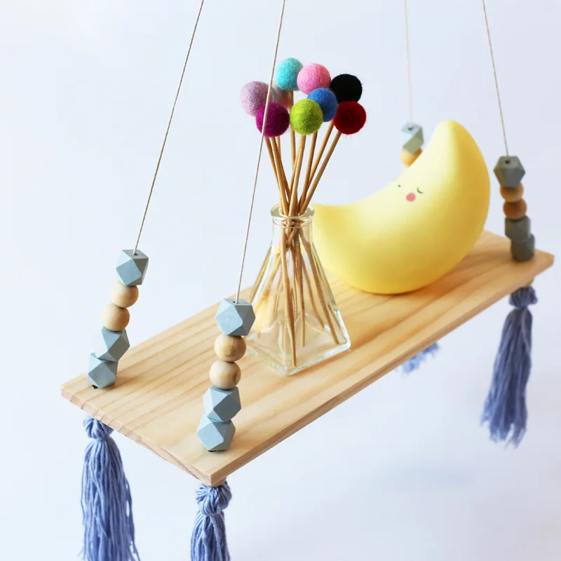 Скандинавский стиль Двойной Деревянный Стеллаж с бусинами и кисточками