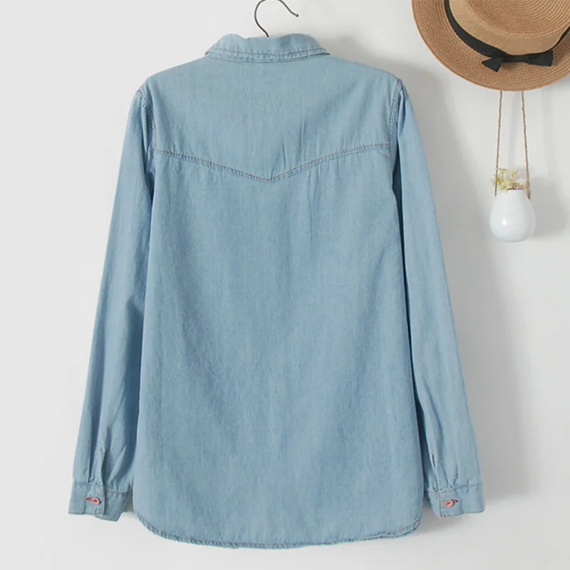 Japanese Mori Style Women Floral Pattern Light Blue Denim Shirt Turn Long Sleeve Down Collar Flowers Printed Jean Shirts | Женская