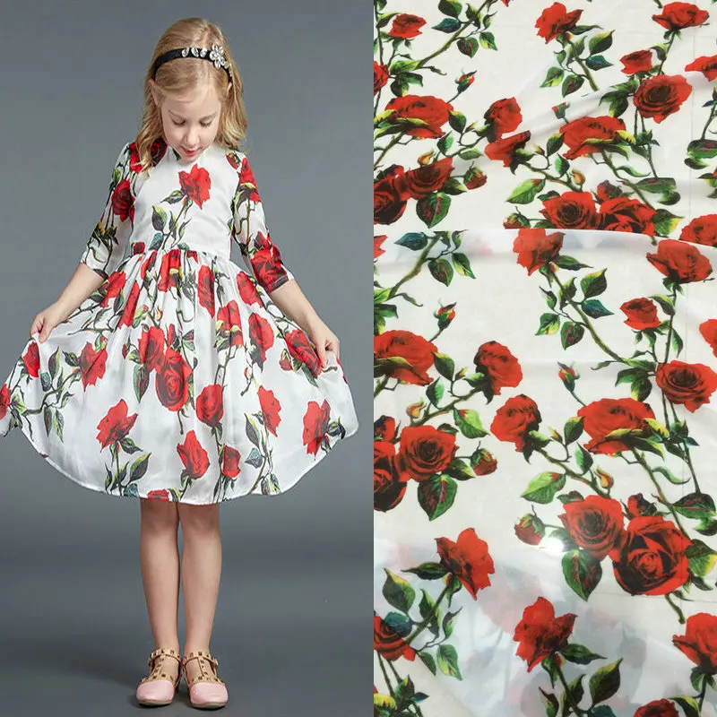red rose flowers print silk chiffon fabric soft thin for dress long beach clothing tissue | Дом и сад