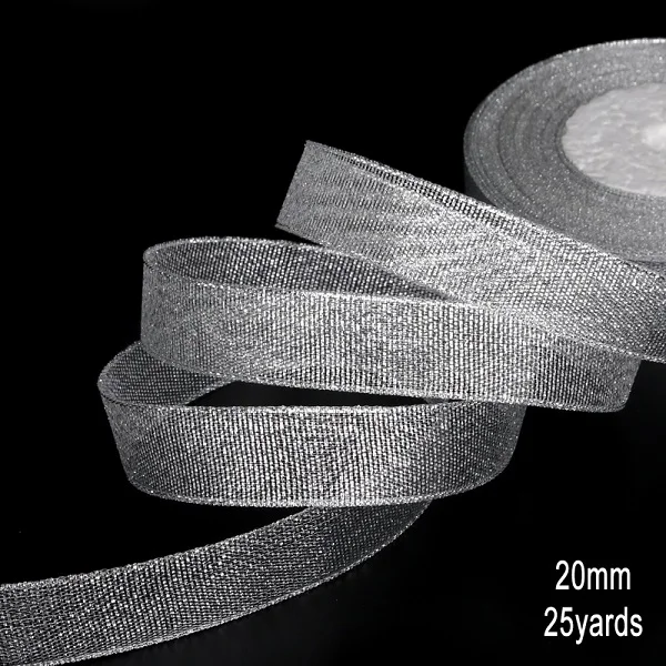 20mm Silver 7 мм-38 мм блестящие, ручной работы золотого, серебряного цвета ленты 25 ярдов металлический блеск, свадьбы, рождества, украшение для свадебных приглашений подарочная упаковка - Цвет: 20mm Silver
