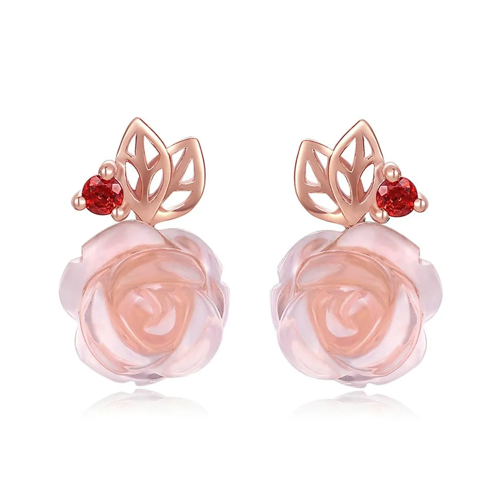 Fine Jewelry Stud Earrings For Women 100% 925 Silver Natural Rose Quartz Pink Flower Gemstone Romantic Ear Studs CCEI015 | Украшения и