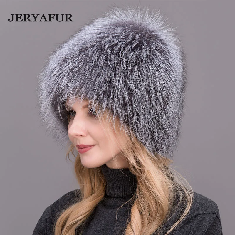 

JERYAFUR 2018 NEW russian bomer caps women winter fur hat genuine fox fur hats knitted silver fox fur caps female