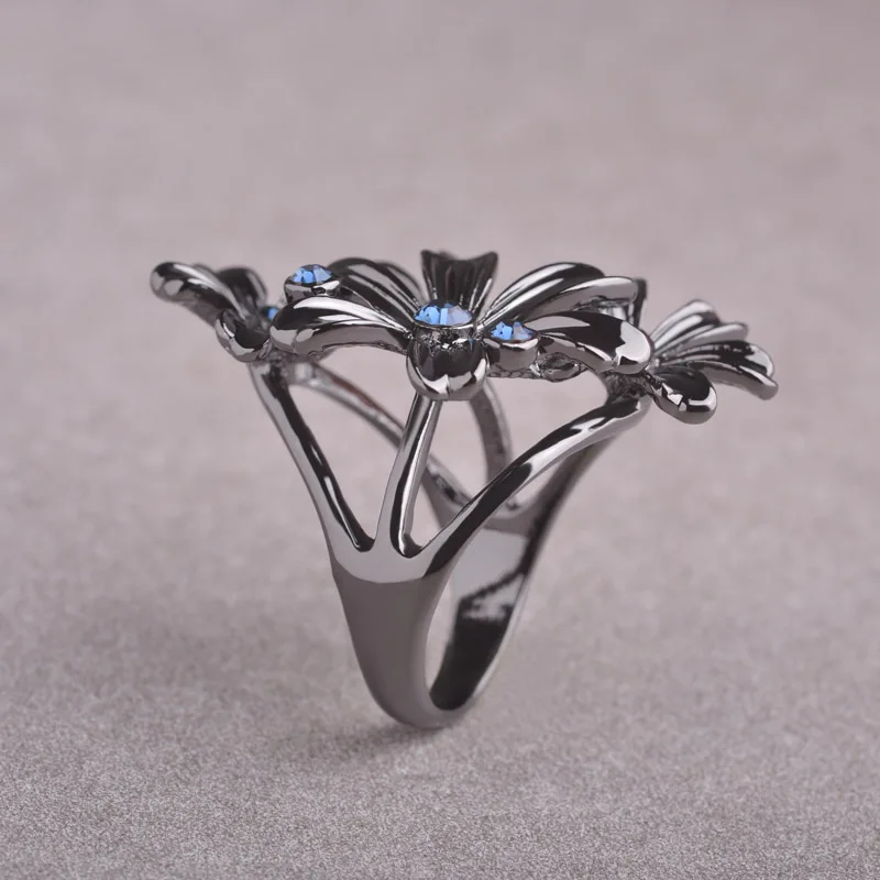 Женское кольцо с цветком Blucome черное синими кристаллами вечерние аксессуары|fashion