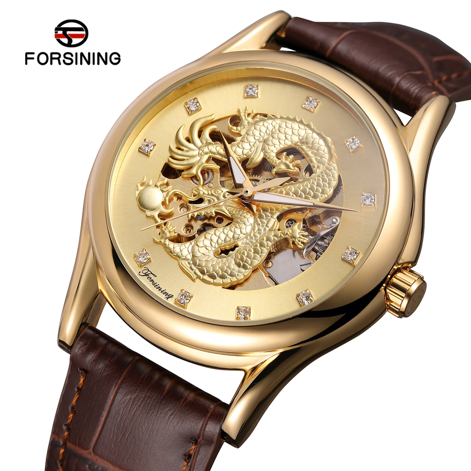 Модные мужские механические часы от лучшего бренда Golden China Dragon Design с коричневым
