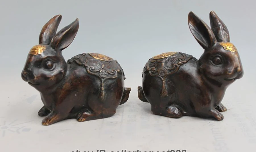 

Chinese Feng Shui Copper Bronze Twelve Zodiac Rabbit Sculpture Pair Statue