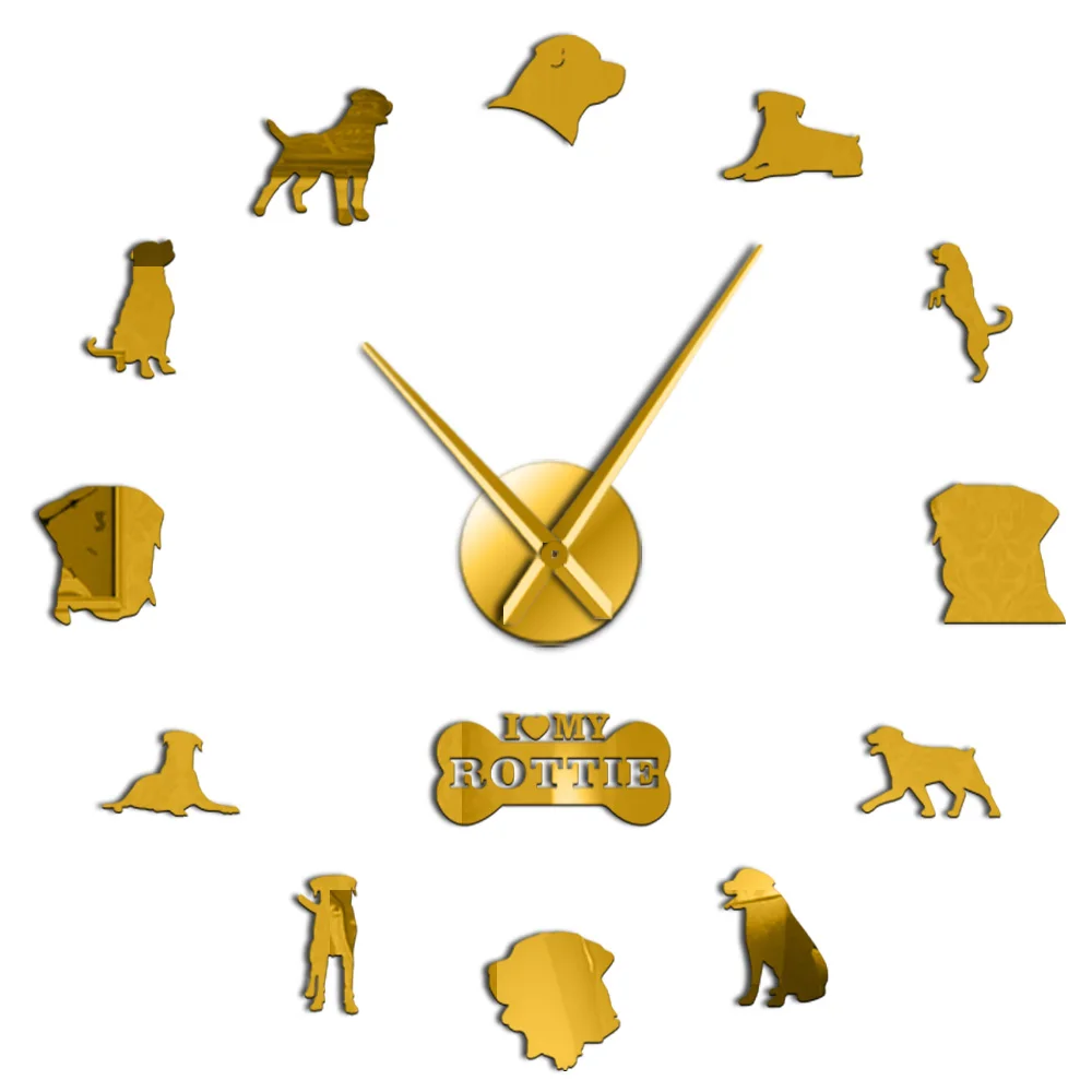 Gold Собаки породы охранника собаки Ротвейлер большие настенные часы DIY Современные часы I Love My Rottie домашний Декор подарок для любителей собак - Цвет: Gold