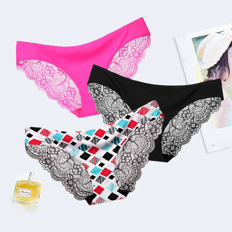 A 3pcs 3 шт./лот, сексуальные женские трусики, кружевные трусы, бесшовное нижнее белье, Прозрачное нижнее белье, шелковые трусы-бикини# F - Цвет: A 3pcs