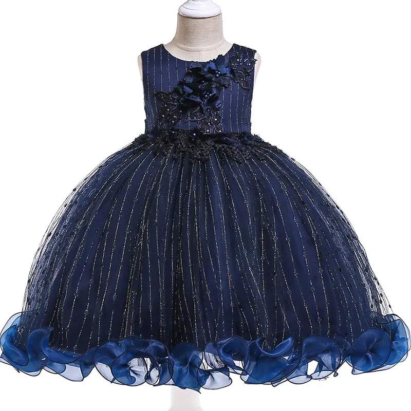 Dark blue Платье для первого причастия; Розничная ; нарядная одежда принцессы на выпускной; элегантное платье с цветочным узором для девочек; торжественное платье для дня рождения; костюм для малышей; L5101 - Цвет: Dark blue