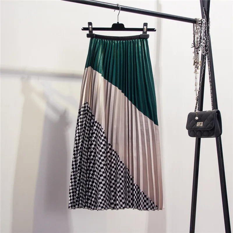 2019 Autumn New-Coming European Color Matching Plaid Pleated Skirt High Street Style Mid-Calf Empire Striped Women Skirts | Женская
