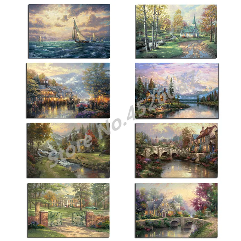 

Thomas Kinkade Mountain Wall Art and Prints Oil Canvas Painting Picture for Living Room Self-portrait Photo Artwork Home Decor