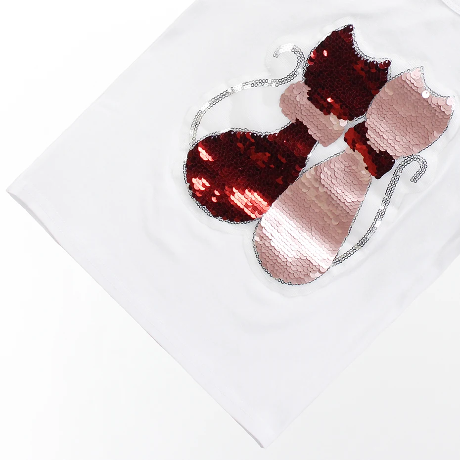 Футболки для девочек футболка с блестками Детская рисунком кота Летняя