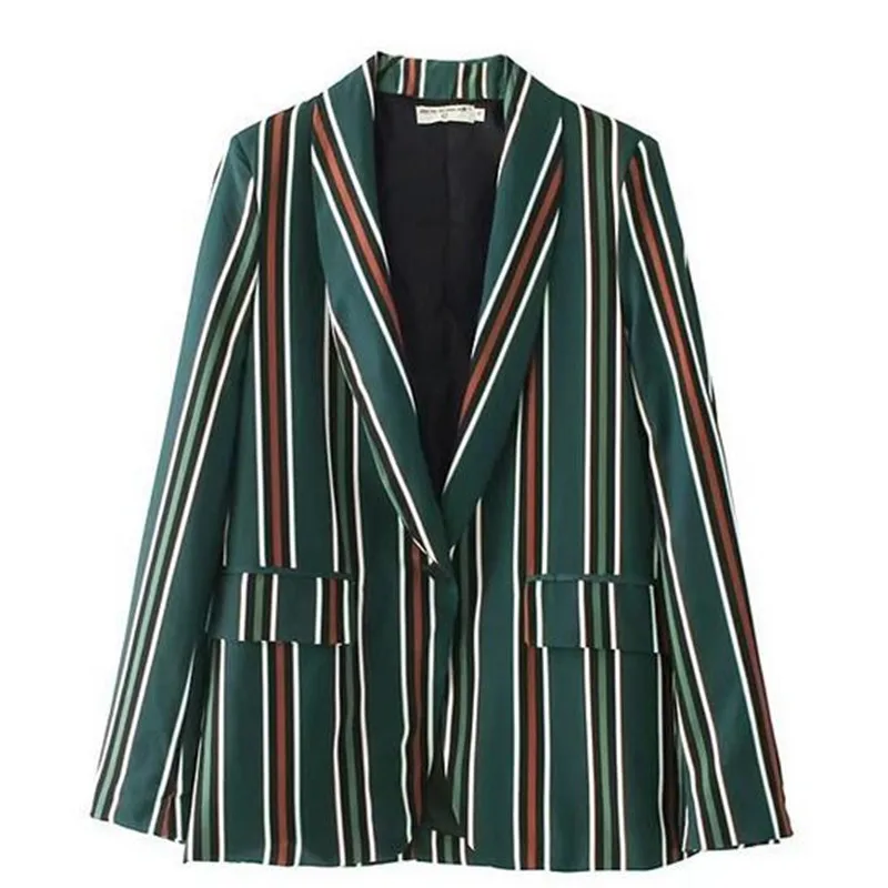 Chic Contrast Dark Green Vertical Striped Blazer 2017 Autumn New Woman Notched Collar Slim fit Suit Jacket | Женская одежда