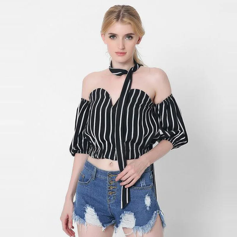 FIONTO сексуальные летние женские короткие топы полосатая короткий рукав Черный