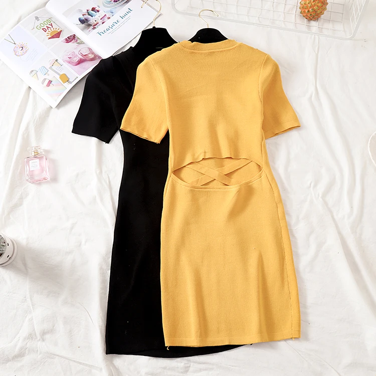 Women knitted cotton mini dress 2019 summer autumn fashion female elastic short sleeve backless sheath skinny sexy club | Женская одежда