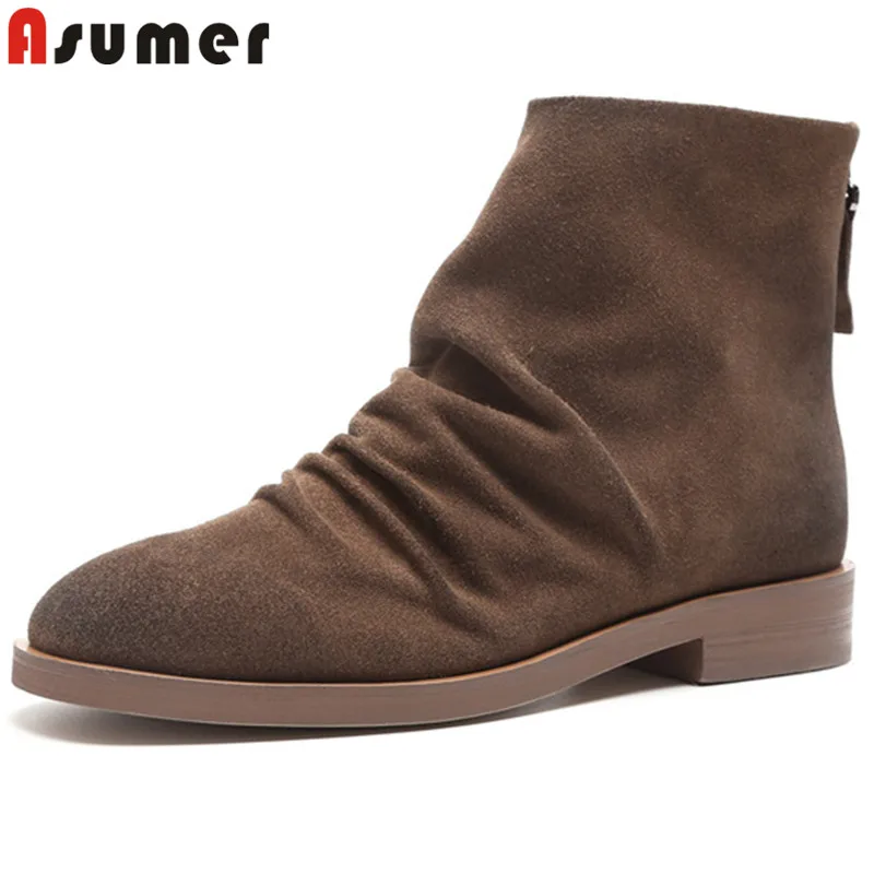 ASUMER/модные женские ботильоны с круглым носком Замшевые кожаные ботинки на молнии