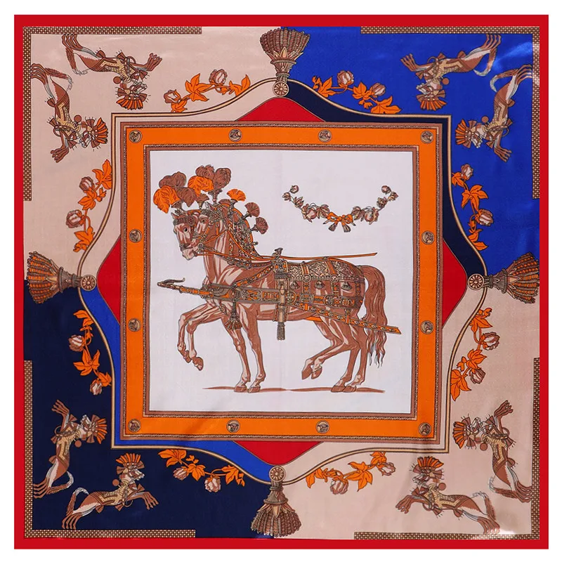 POBING Luxury Horse Print Hijab Women Satin Silk Scarf Shawl Foulard Femme Square Head Scarves Wraps 90*90CM |