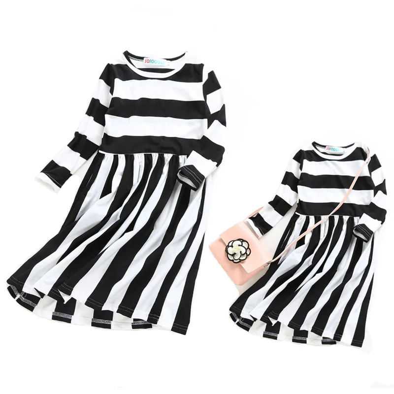 Autumn Winter Mom and Me Dress Long Sleeve Striped Cotton Warm Christmas Family Matching Clothes D0135 | Мать и ребенок