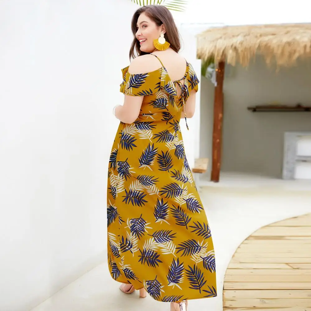 Большие размеры Boho Leaf Print женское длинное Макси летнее платье с v образным вырезом