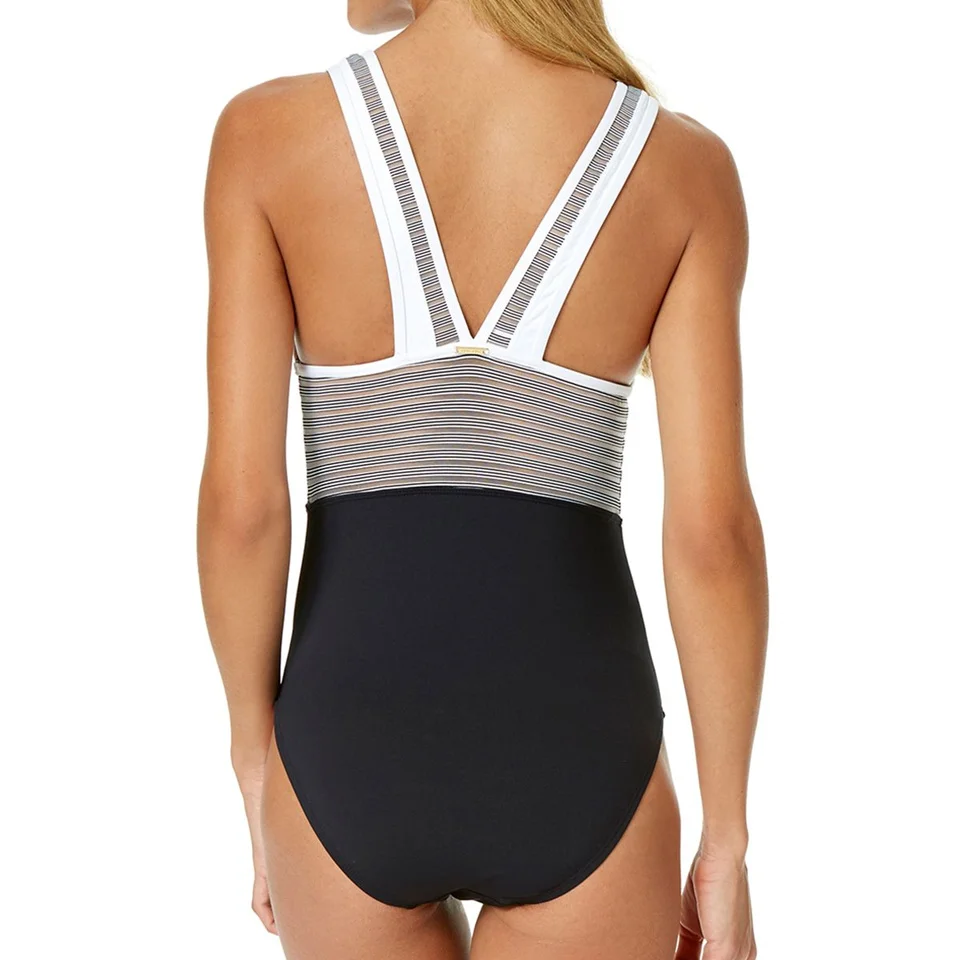 Женский купальник с открытой спиной черный и белый лоскутный пляжная одежда