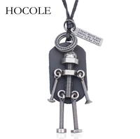 hocole 2018 new fashion jewelry mens necklace punk design adjustable leather chain robot pendant necklace retro jewelry women
